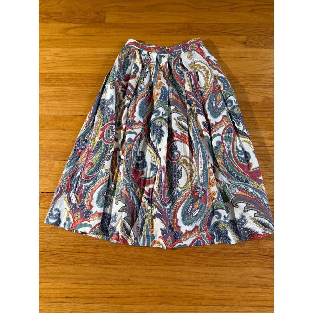 Vintage Talbots Paisley Pleated Cotton Midi Skirt Multi-Color Size 4